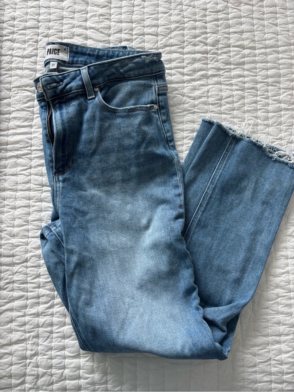PAIGE Women's Straight Leg Jeans in Light Blue with Frayed Hem